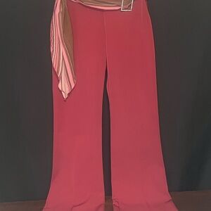 Y2K Rave Burgundy Flare Leg Women's Pants with Sash Belt